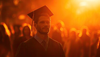 Graduate in cap and gown bathed in warm, golden sunlight