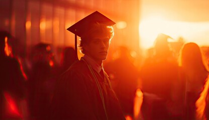 Young graduate in cap and gown, bathed in warm sunset light