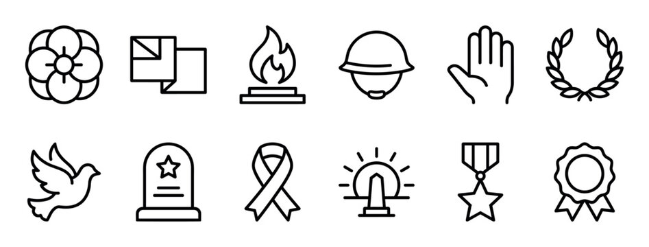 Set of black line icons representing remembrance, war, and peace, with symbols like a poppy, dove, medal, and tombstone for memorial or veterans day concepts