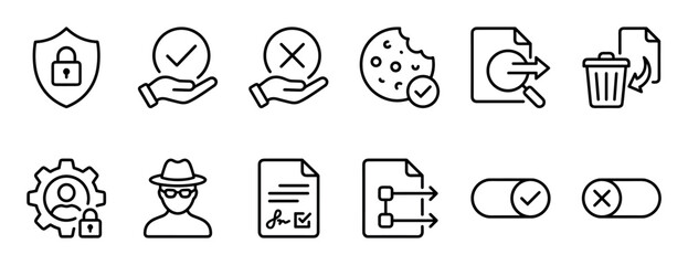 Fototapeta premium Black and white line icon set representing data privacy, internet security, user consent, and cookie policy with symbols for protection, approval, and digital agreements
