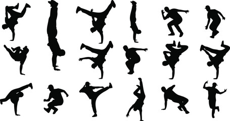 Urban street dance silhouettes featuring b-boys and b-girls in motion.