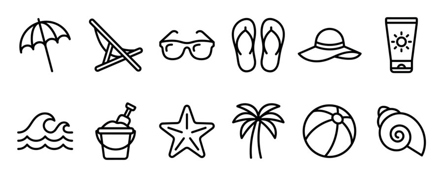 Set of twelve summer beach vacation icons in a minimalist black line art style including a palm tree, umbrella, sunglasses, and flip-flops for travel and holiday concepts