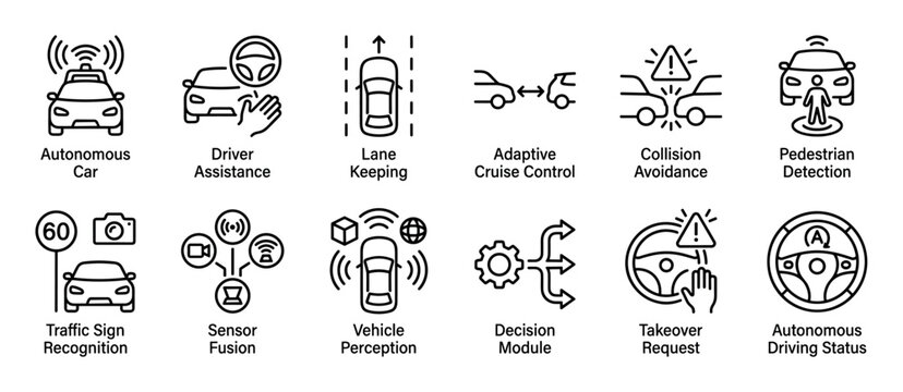 Collection of line art icons for autonomous driving systems, illustrating concepts like driver assistance, collision avoidance, lane keeping, and adaptive cruise control