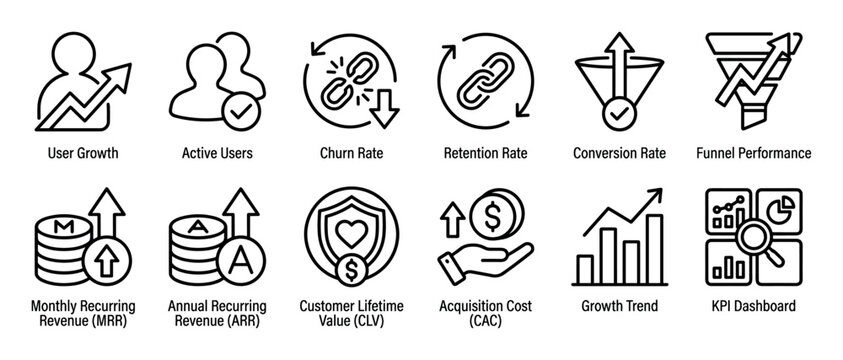 Business metrics and KPI line icon collection illustrating key performance indicators like user growth, revenue, conversion, and customer acquisition for data analysis