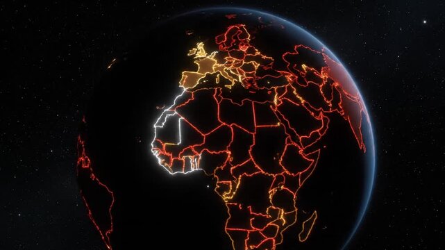 High-resolution 3D render of planet Earth showcasing illuminated global tectonic boundaries and continental plates in vibrant orange tones with a deep cosmic starry sky environment and