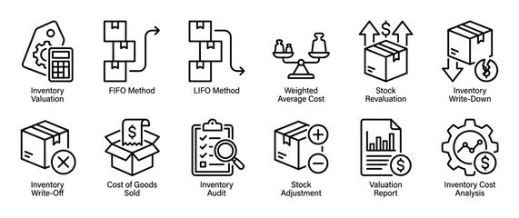 Inventory management and accounting line icon set illustrating concepts like FIFO, LIFO, valuation, audit, and cost analysis for business and logistics operations