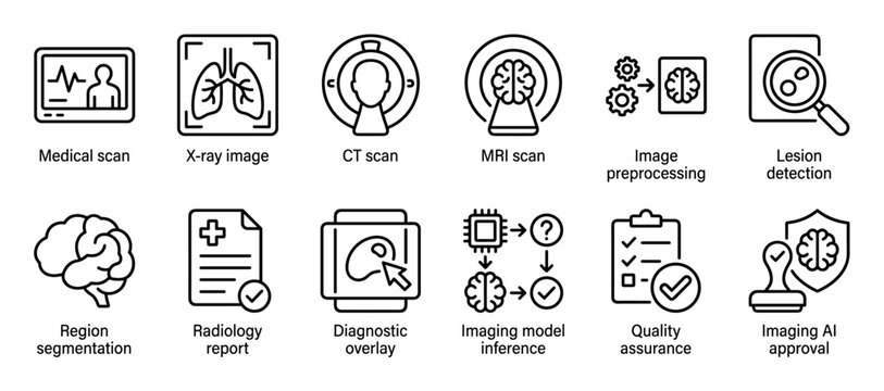 Medical imaging and radiology line icon set illustrating diagnostic procedures like X-ray, CT, and MRI scans, plus concepts for AI analysis and quality assurance