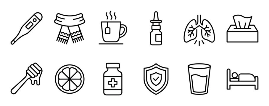 Cold and flu symptoms line icon set showing treatment and prevention elements like medicine, tea, and rest for health care concepts