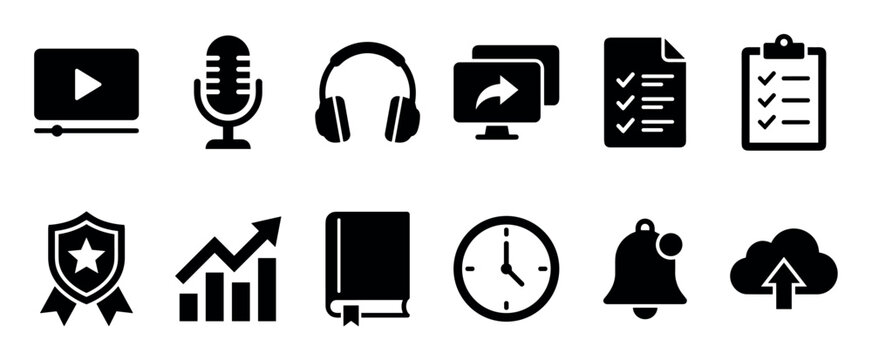 Black e-learning glyph icon set for online courses and digital media, featuring a microphone, headphones, checklist, growth chart, and notification bell in a simple flat design