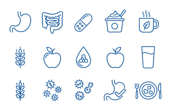 Blue line icon set for digestive health representing probiotics, gut microbiome, healthy food, stomach, and intestines in a minimalist vector illustration for medical and wellness concepts