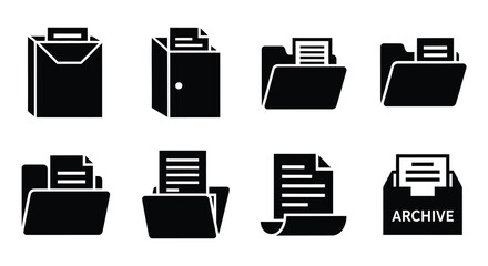 Collection of black folder icons representing data organization and document management