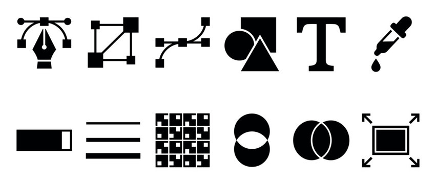 Collection of black graphic design icons for vector illustration software, featuring the pen tool, text, shapes, and pathfinder symbols in a minimalist flat style