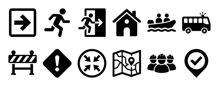 Emergency evacuation and disaster response icon set featuring pictograms for exit, shelter, rescue boat, assembly point, and safety procedures in a flat black glyph style
