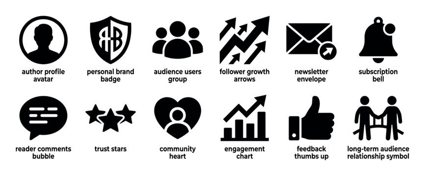 Collection of black glyph icons representing personal branding and audience engagement concepts for social media, including follower growth, community, feedback, and subscription