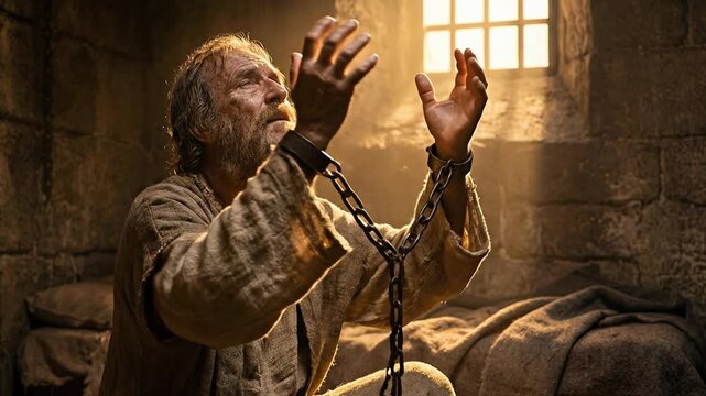 Elderly Biblical Apostle Saint Paul Wearing Chains Kneeling in Dark Prison Cell Praying to God near Bright Window Light Depicting Persecution and Unshakable Faith in New Testament History