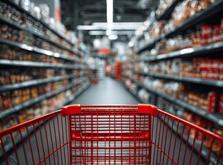 Rows of colorful products stretch into the distance, viewed from a red shopping cart