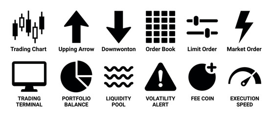 Set of black financial trading icons for stock market and cryptocurrency concepts including chart, arrow, order book, and terminal symbols in a minimalist glyph style
