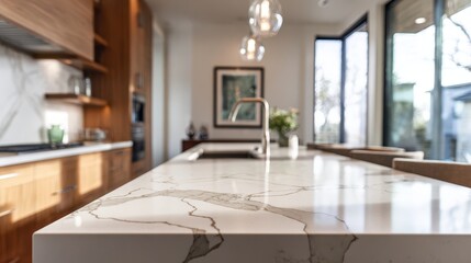 Contemporary kitchen with bright marble countertops and sleek design