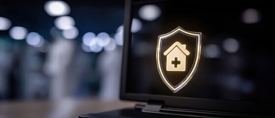 Cybersecurity protection concept with glowing shield and medical house icon on laptop screen in blurred hospital environment