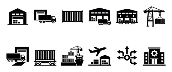 Black glyph icon set for supply chain management, featuring minimalist symbols for a warehouse, delivery truck, shipping container, cargo port crane, airplane, and distribution