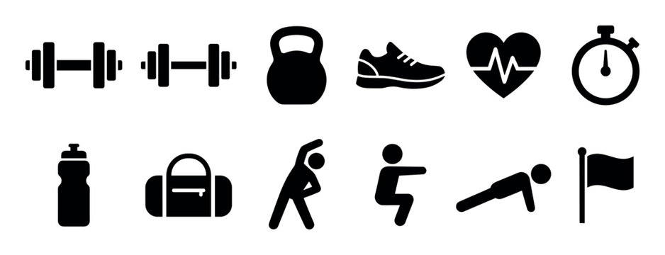 Set of black fitness icons for gym workouts and healthy lifestyle concepts, including dumbbell, kettlebell, sneaker, heart rate, and stopwatch symbols in a simple glyph style
