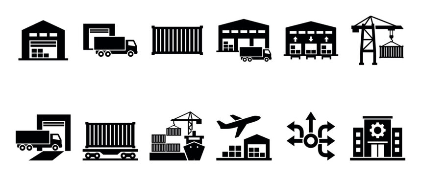 Black glyph icon set for supply chain management, featuring minimalist symbols for a warehouse, delivery truck, shipping container, cargo port crane, airplane, and distribution