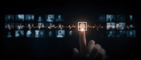 Hand touching virtual fingerprint scanner on healthcare database interface. Biometric security access and patient identity protection concept