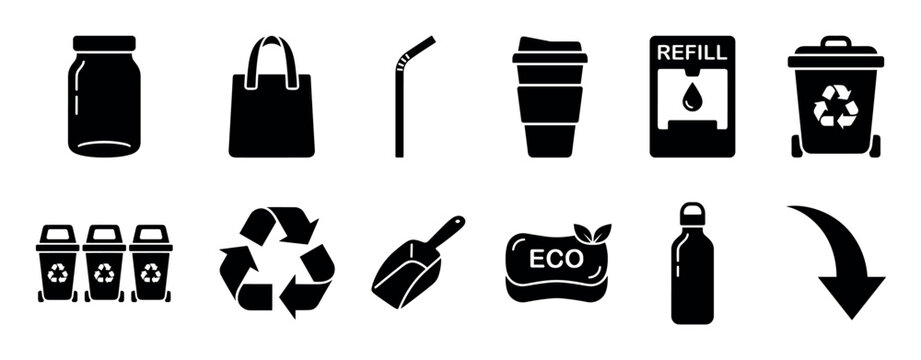 Set of black glyph icons representing zero waste and sustainability concepts, including a reusable bag, bottle, cup, and recycling bins for environmental awareness