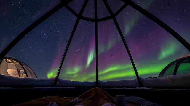Experience the mesmerizing dance of the aurora borealis, viewed from the comfort of a luxurious glass igloo, showcasing the beauty of the northern lights and the serenity of a winter night.