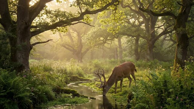 An ethereal forest scene unveils a majestic deer, gracefully quenching its thirst from a crystal-clear stream. Sunlit leaves cascade, casting a dreamy atmosphere of peace and serenity.
