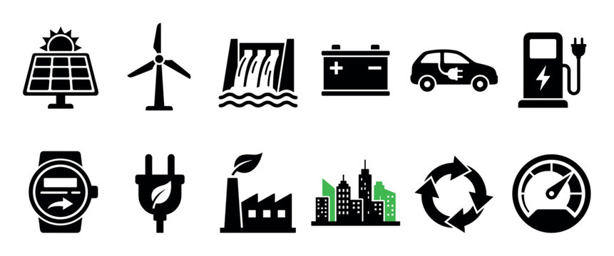 Set of renewable energy and sustainability icons featuring solar panels, wind turbines, electric vehicles, green cities, and recycling symbols in a minimalist flat graphic style