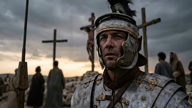 Roman Centurion Soldier in Armor Looking at Crucifixion Crosses on Golgotha Hill Recognizing Jesus Christ as Son of God Depicting Biblical Faith and Redemption Scene during Holy Week Easter