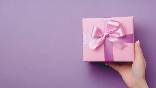 A wrapped gift, held by a hand. Pink box with bow on a purple background
