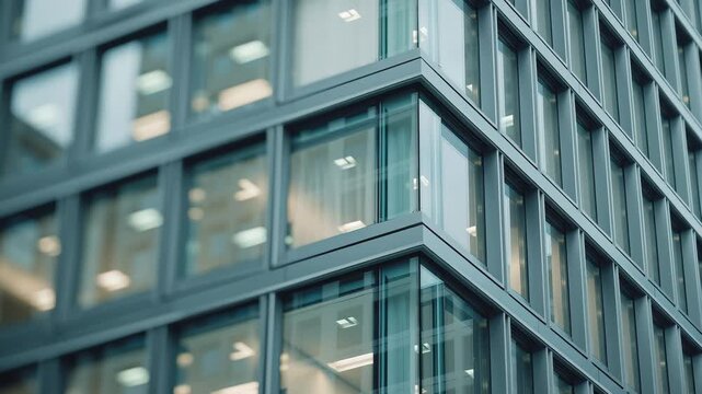 Modern glass office tower facade with shallow dof and slow dolly in