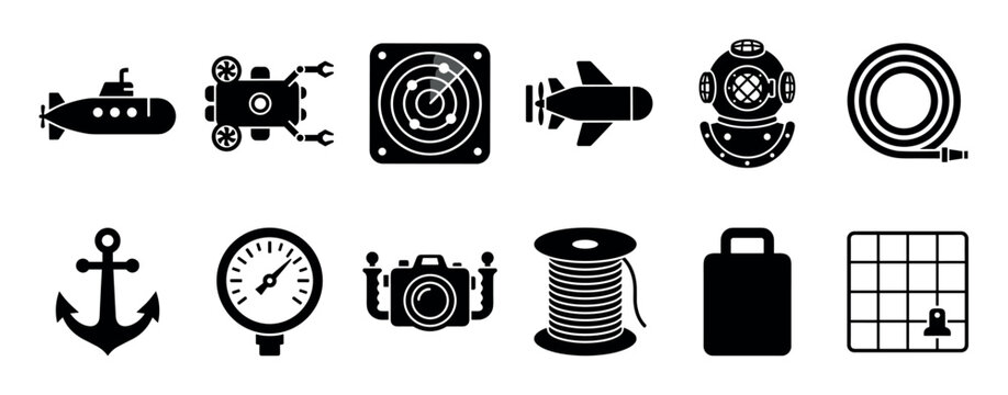Collection of black silhouette icons representing underwater exploration and naval equipment, including a submarine, ROV, sonar, torpedo, diving helmet, and anchor in a flat vector design