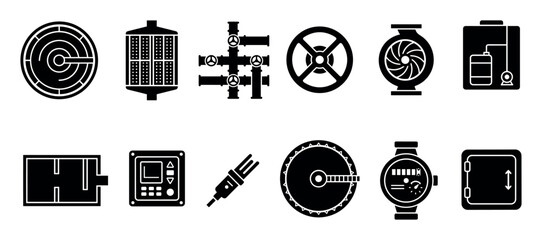 Water treatment and purification system icons set featuring black glyphs of industrial equipment like pumps, filters, pipes, valves, and sensors for wastewater management