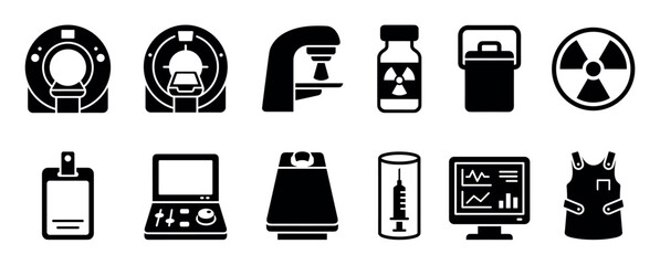 Set of black glyph icons for nuclear medicine and radiology including MRI scanner, radioactive symbol, and diagnostic equipment in a minimalist vector style