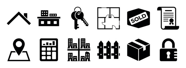Collection of black real estate icons representing property investment, home buying, and selling, featuring minimalist symbols like a house, key, floor plan, and sold sign