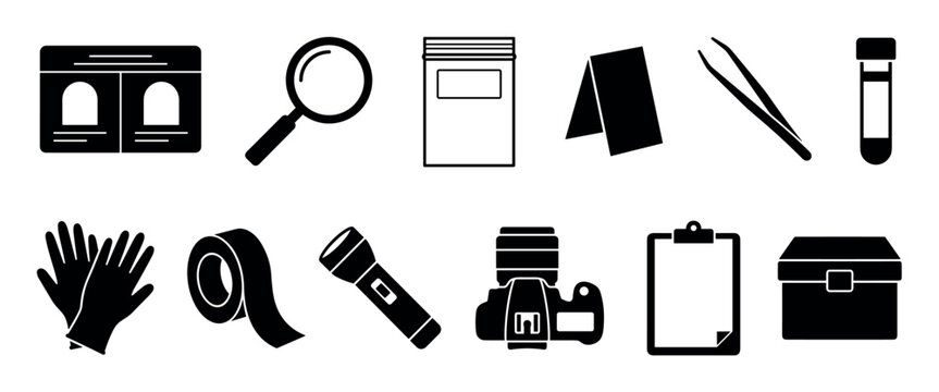 Collection of black silhouette forensic science icons including a magnifying glass, evidence bag, camera, and gloves for crime scene investigation concepts