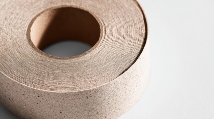 Crisp close-up of a beige paper tape roll with adhesive layer on plain white backdrop, minimalist stationery accessory