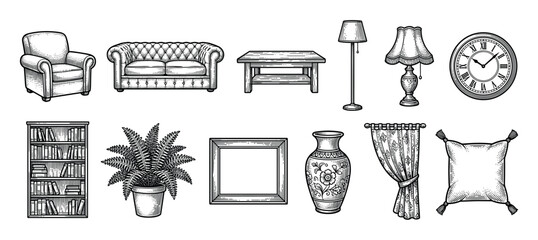 Collection of vintage home furniture and decor items including a sofa, armchair, table, lamps, clock, and bookshelf drawn in a detailed black and white engraving style
