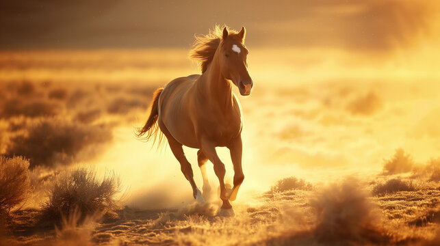 Wild Mustang Horse Running. Mustang wild horse running in the desert. Backlit picture in morning sunlight. 