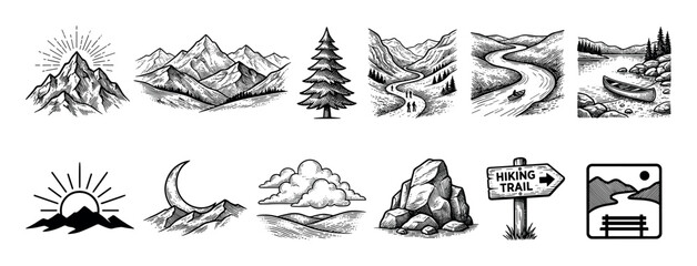 Set of vintage outdoor adventure icons featuring mountains, a river, a pine tree, and a hiking trail sign, all illustrated in a black and white hand-drawn engraving style