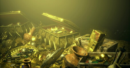 Sunken golden treasure chest spilling jewels amid murky seabed near shipwreck, scattered coins, crowns, goblets and ornate artifacts glint under faint sunlight © icetray