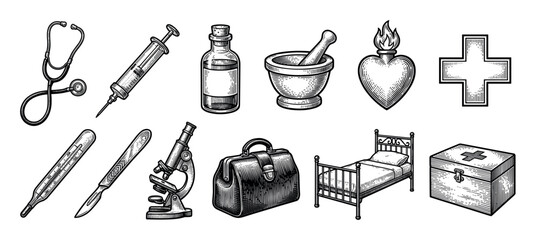 Collection of vintage medical equipment icons drawn in a black and white engraving style, including a stethoscope, syringe, microscope, scalpel, and first aid kit