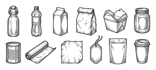 Set of various food packaging containers including a bottle, can, jar, and box, drawn in a detailed vintage black and white engraving style illustration