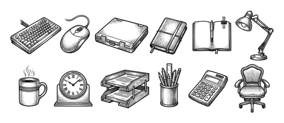 Hand-drawn office and workplace equipment set in a detailed vintage woodcut style, featuring a keyboard, mouse, laptop, notebook, lamp, clock, and chair