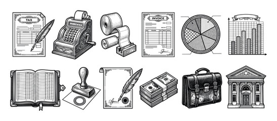 Set of twelve black and white business icons in a retro woodcut style, including a bank, cash register, money stack, ledger, invoice, tax form, and financial charts