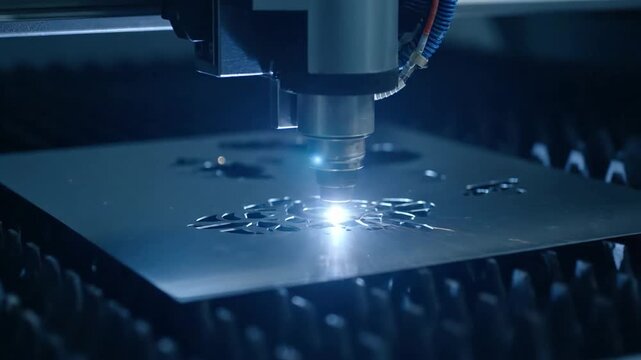 Laser cutting machine precisely cutting l sheet with bright sparks in industrial setting.