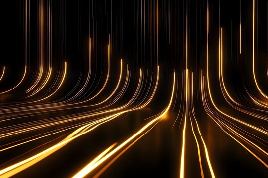 Perspective view of glowing golden data paths moving rapidly upwards suggesting vertical throughput or abstract architecture within a digital realm
